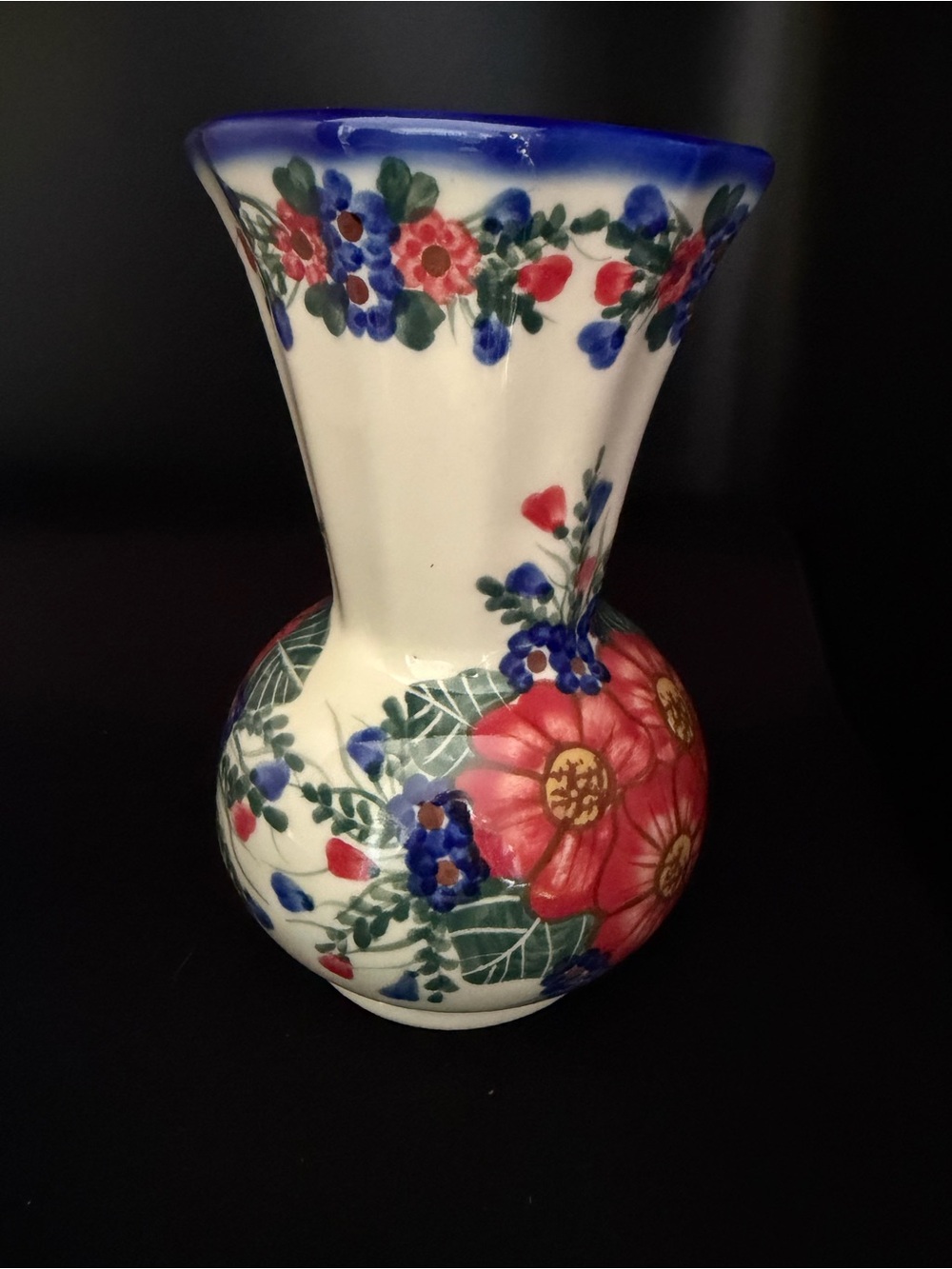 Hand-Painted Andy Polish Pottery Angular Vase with Red and Blue Flower Motifs